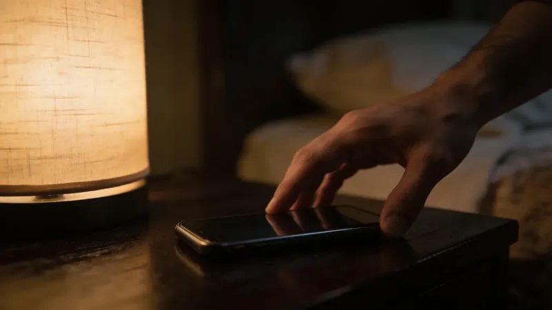 Ruka sahající po chytrém telefonu položeném na stole
