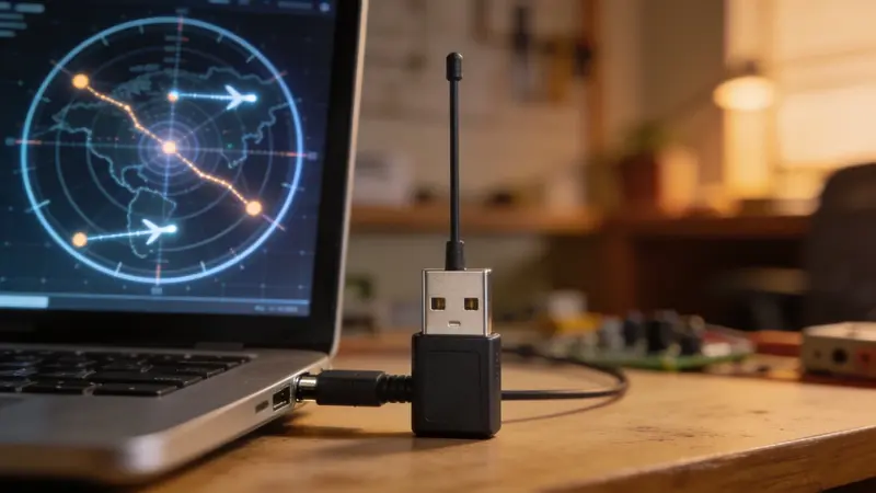 Malý USB SDR přijímač s anténou připojený k počítači s mapou letů