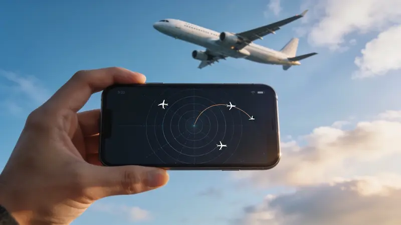 Ruka drží telefon s radarovou mapou letů a ikonami letadel, v pozadí dopravní letadlo na obloze